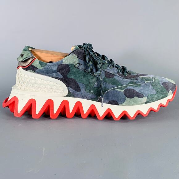 CHRISTIAN LOUBOUTIN Size 12 Green Blue Camouflage Suede Red Sole Sneakers - Picture 2 of 11